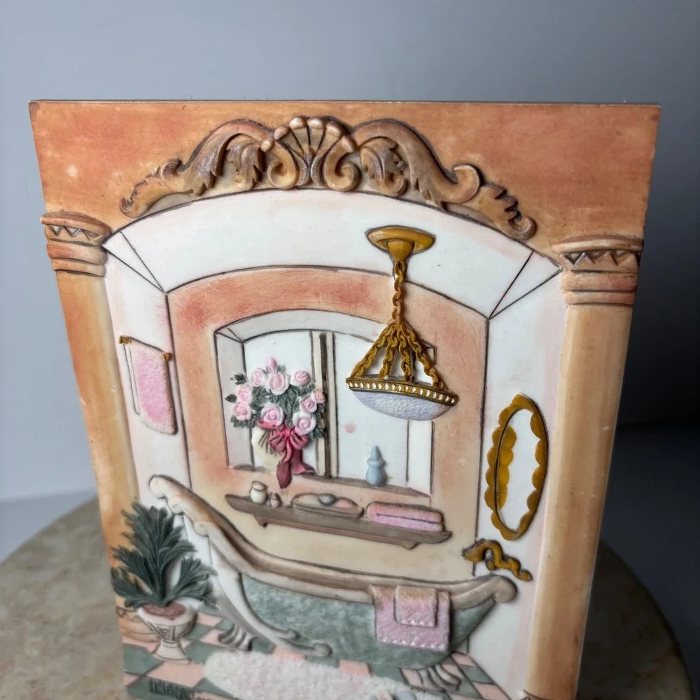 Janet Kruskamp 3D   Plaque 8x6 Pastel Victorian Bathroom Clawfoot Tub Art